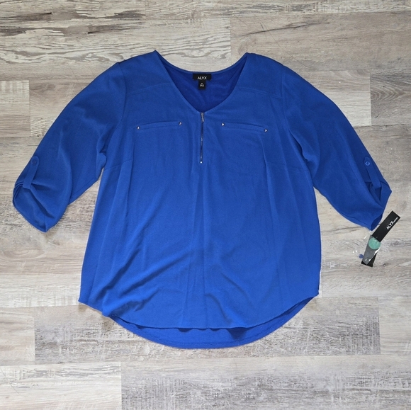 NEW ALYX Blue Blouse Size 1X Lightweight 3/4 Sleeves Flowy V-Neck Office Savvy - Picture 9 of 13
